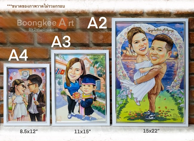 ภาพเปรียบเทียบขนาดภาพวาดล้อเลียน มีให้เลือกตั้งแต่ขนาด A4,A3,A2,ไปจนถึงA1-ภาพวาดพร้อมกรอบคุณภาพ โดย บุ้งกี๋อาร์ท สั่งวาดได้ที่ Bk2studio.com